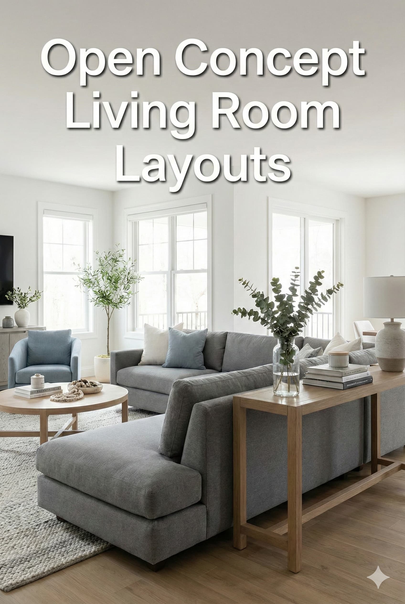 Open concept living room layout flowing into dining area with furniture defining zones
