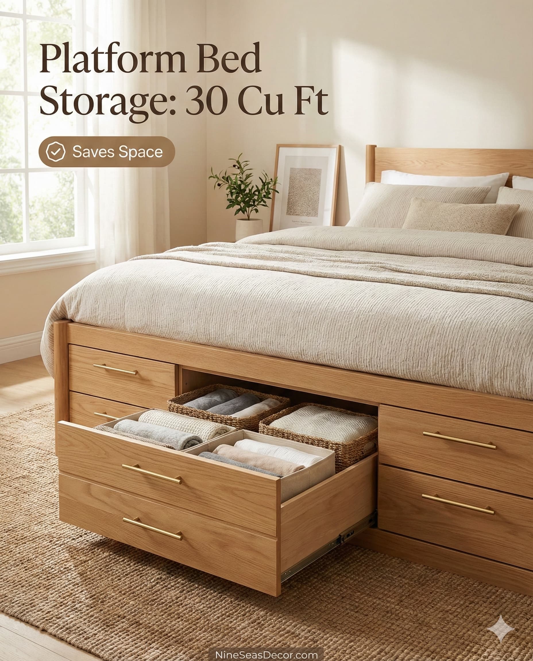 Modern platform bed measuring 60x80 inches queen size featuring six large storage drawers underneath, three drawers per side each measuring 30 inches wide 18 inches deep 10 inches high, organized folded clothes visible in one open drawer, showcasing 30 cubic feet total storage capacity, space-saving bedroom furniture eliminating separate dresser requirement, natural oak wood finish with clear polyurethane coating, brass drawer pulls measuring 4 inches center-to-center