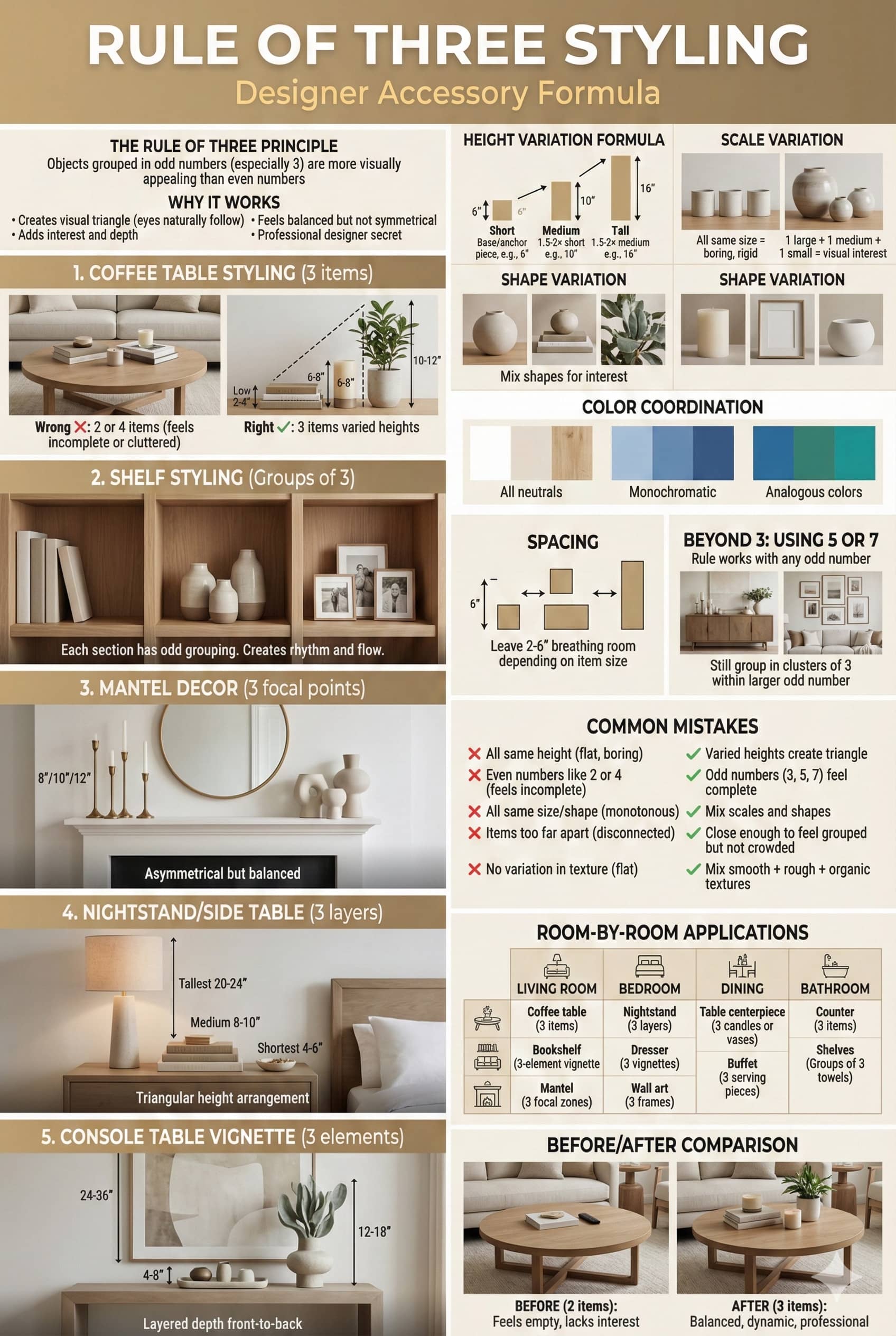 Rule of three styling showing five applications with coffee table shelf mantel nightstand and console arrangements using odd number groupings