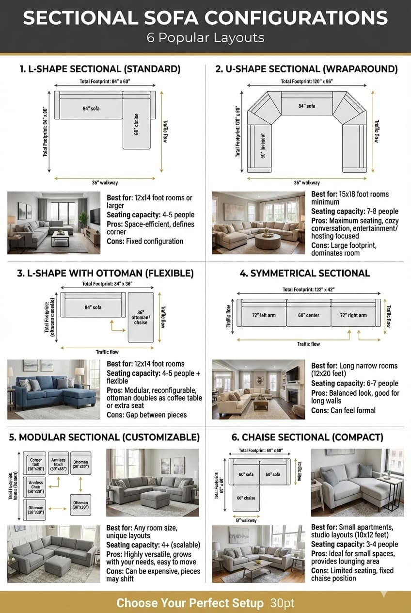Six sectional sofa configurations with floor plans showing L-shape U-shape ottoman flexible symmetrical small apartment and modular layouts with dimensions