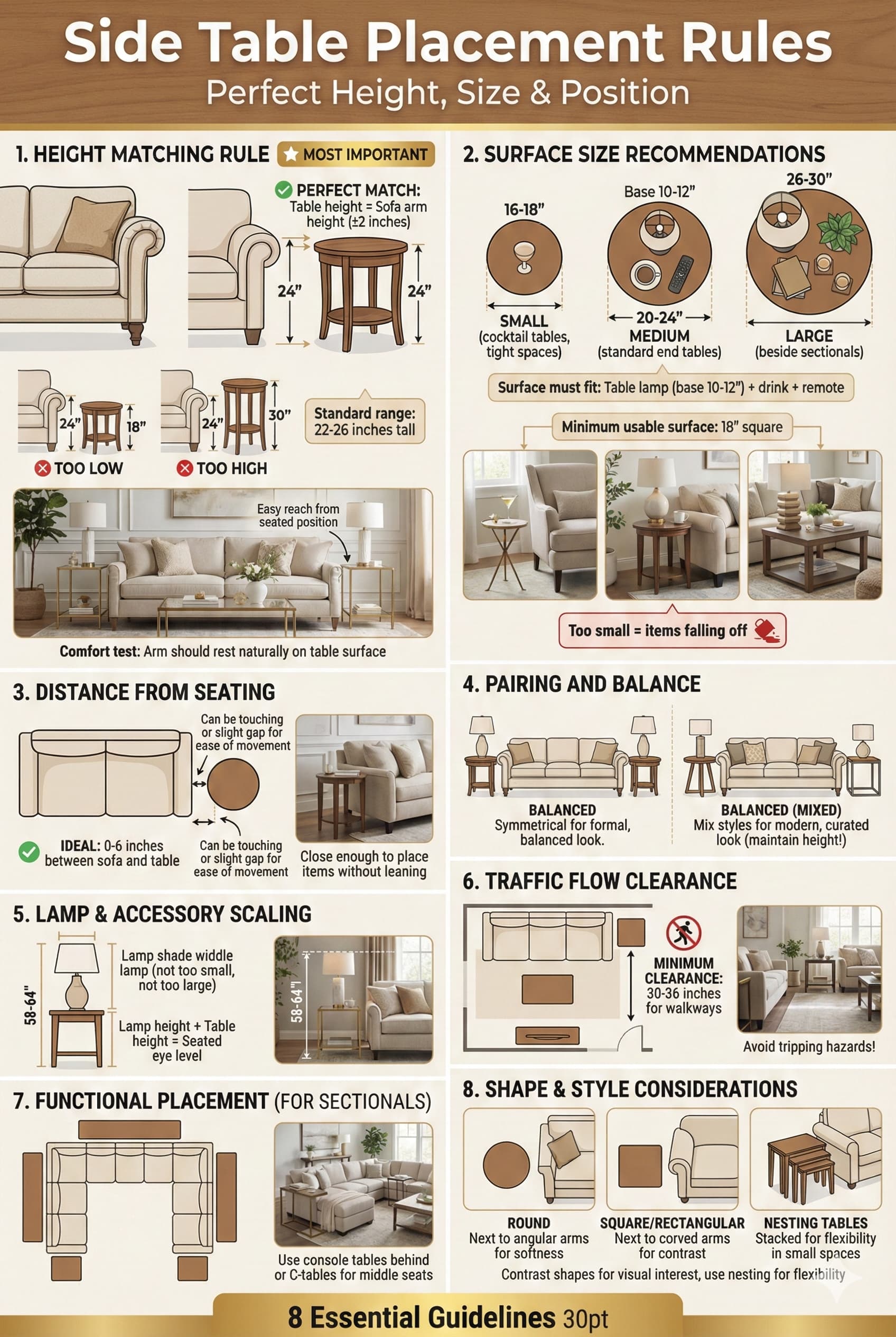 Side table and accent table placement guide showing height matching rules surface size recommendations distance from seating and styling formulas with measurements