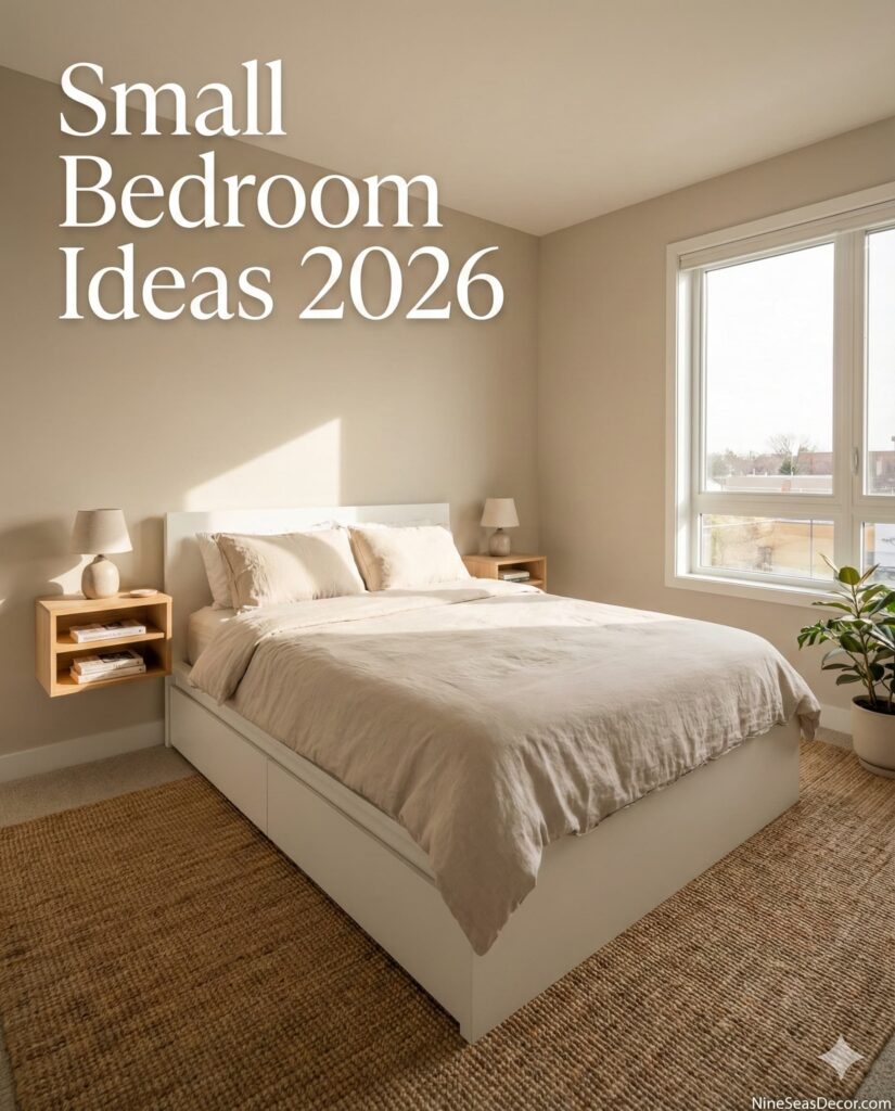 Small bedroom measuring 100 square feet featuring white platform bed with six storage drawers, wall-mounted floating nightstands, beige walls, natural light, organized clutter-free modern minimalist design