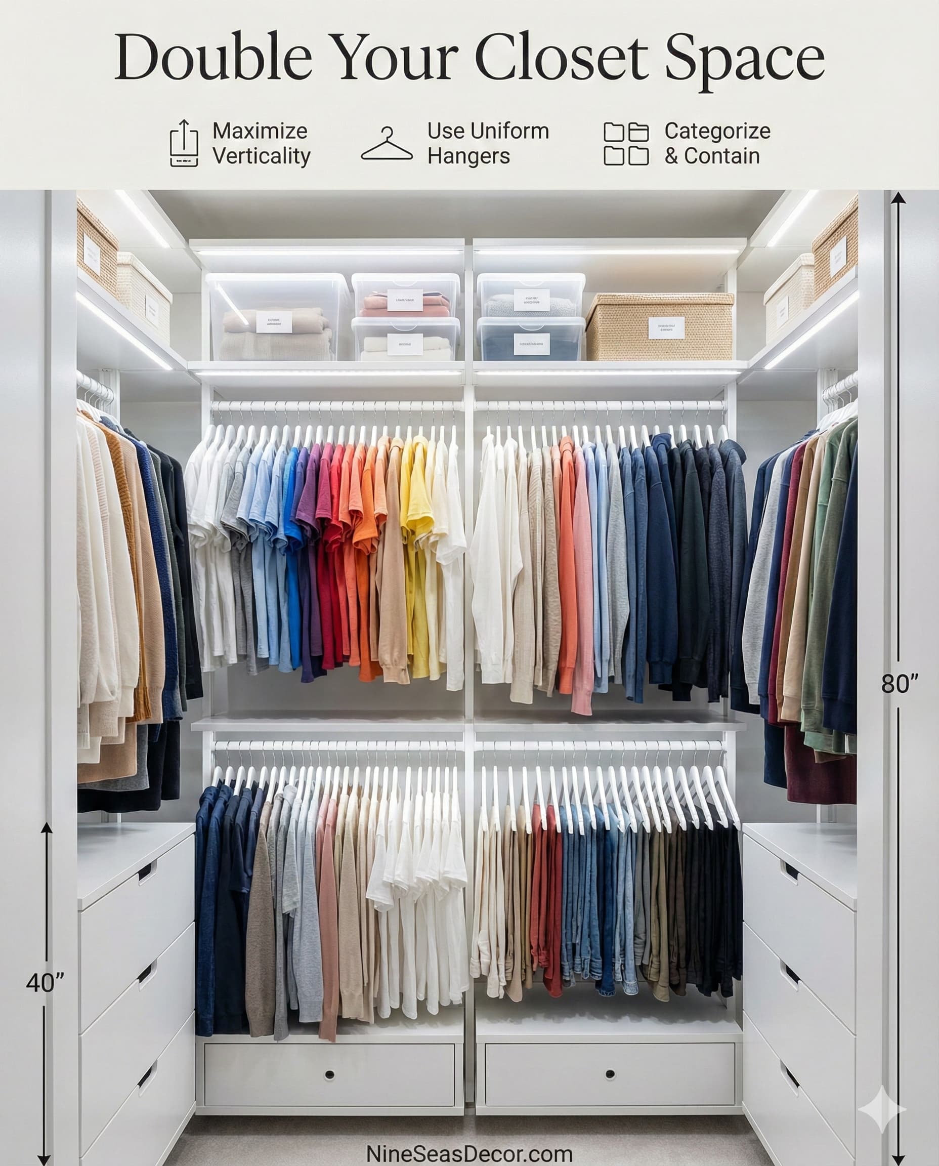 Well-organized small bedroom closet interior featuring custom modular shelving system, double hanging rods positioned at 80 inches and 40 inches from floor measuring 36 inches wide each, six drawer units at base level measuring 24 inches wide, storage boxes on upper shelves at 96 inches height, maximized vertical space utilization from floor to ceiling, everything visible and accessible, professional closet organization white melamine finish bright LED lighting 48-inch wide closet space