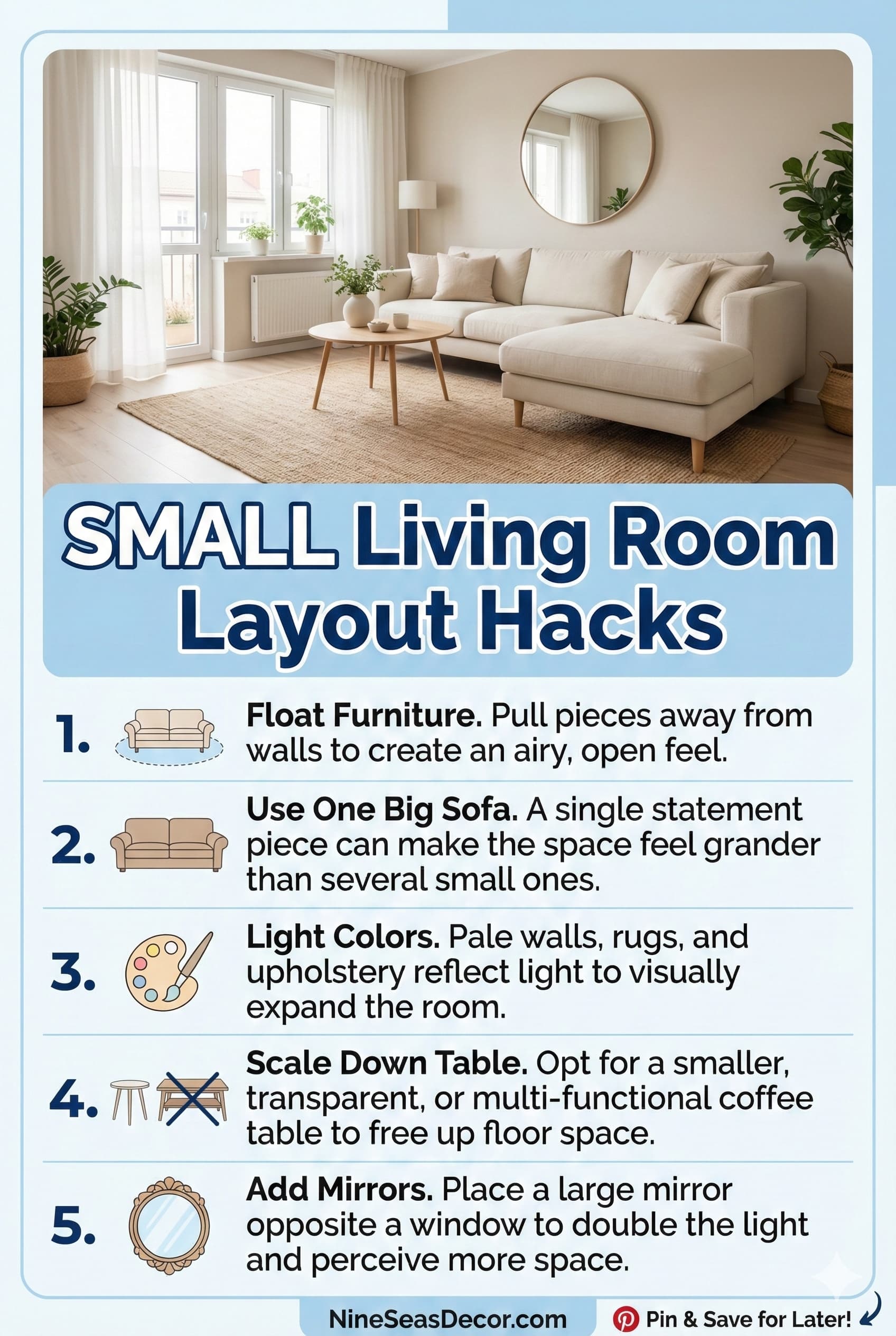 Small living room layout maximizing space with clever furniture arrangement
