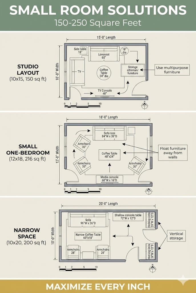 hree small living room layout solutions for 150-250 square feet showing furniture arrangements
