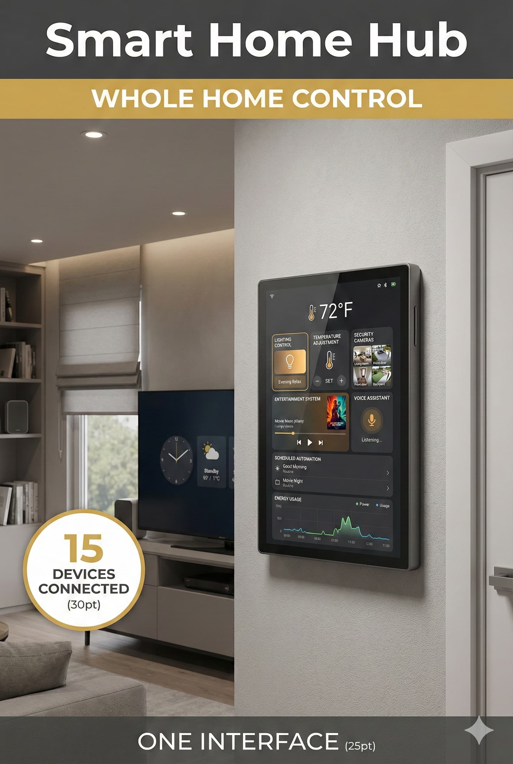 Smart home touchscreen hub mounted on living room wall showing control interface for lights, temperature, security, and entertainment systems