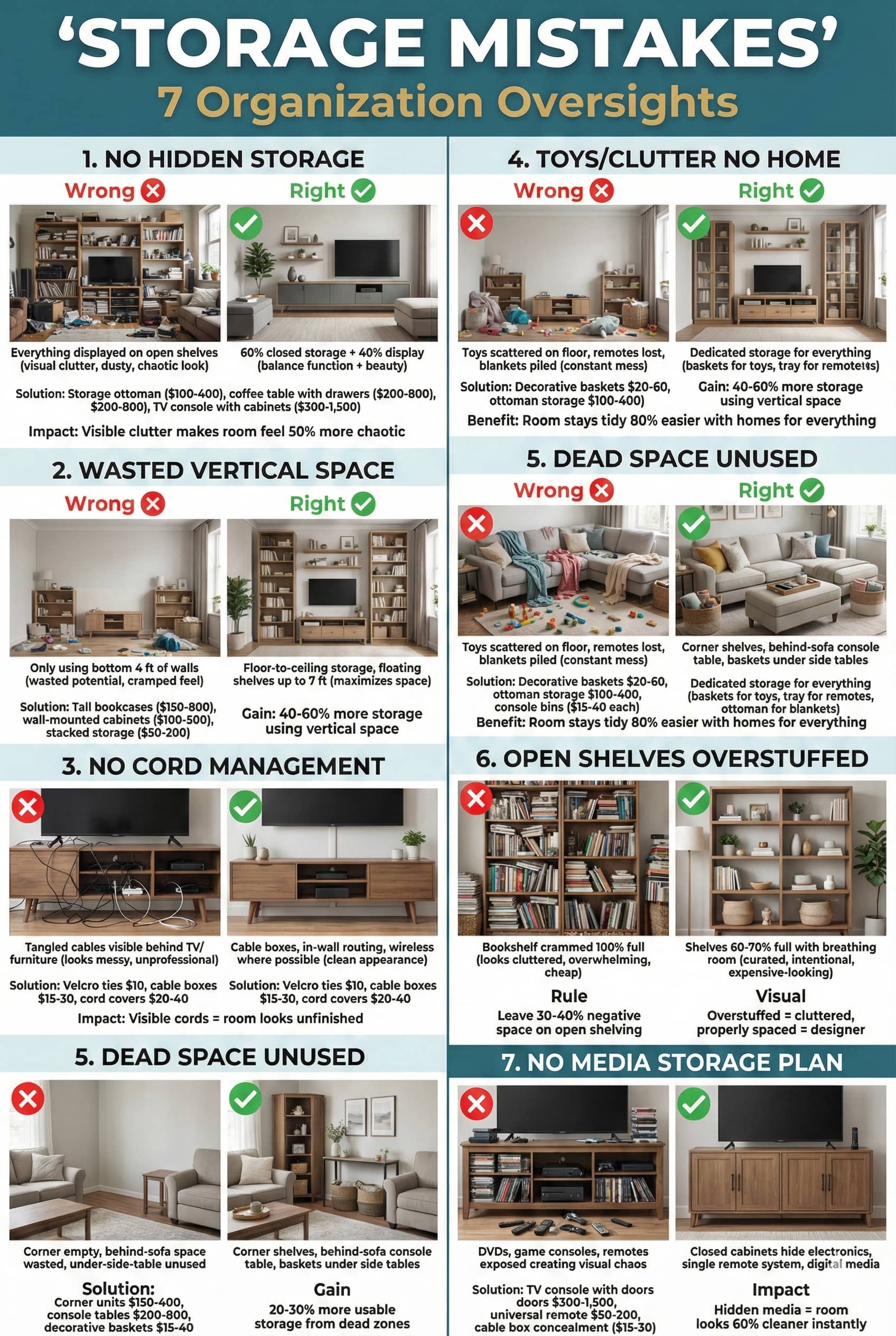 Seven storage and organization oversights showing no hidden storage wasted vertical space cord chaos toy clutter dead space overstuffed shelves with solutions