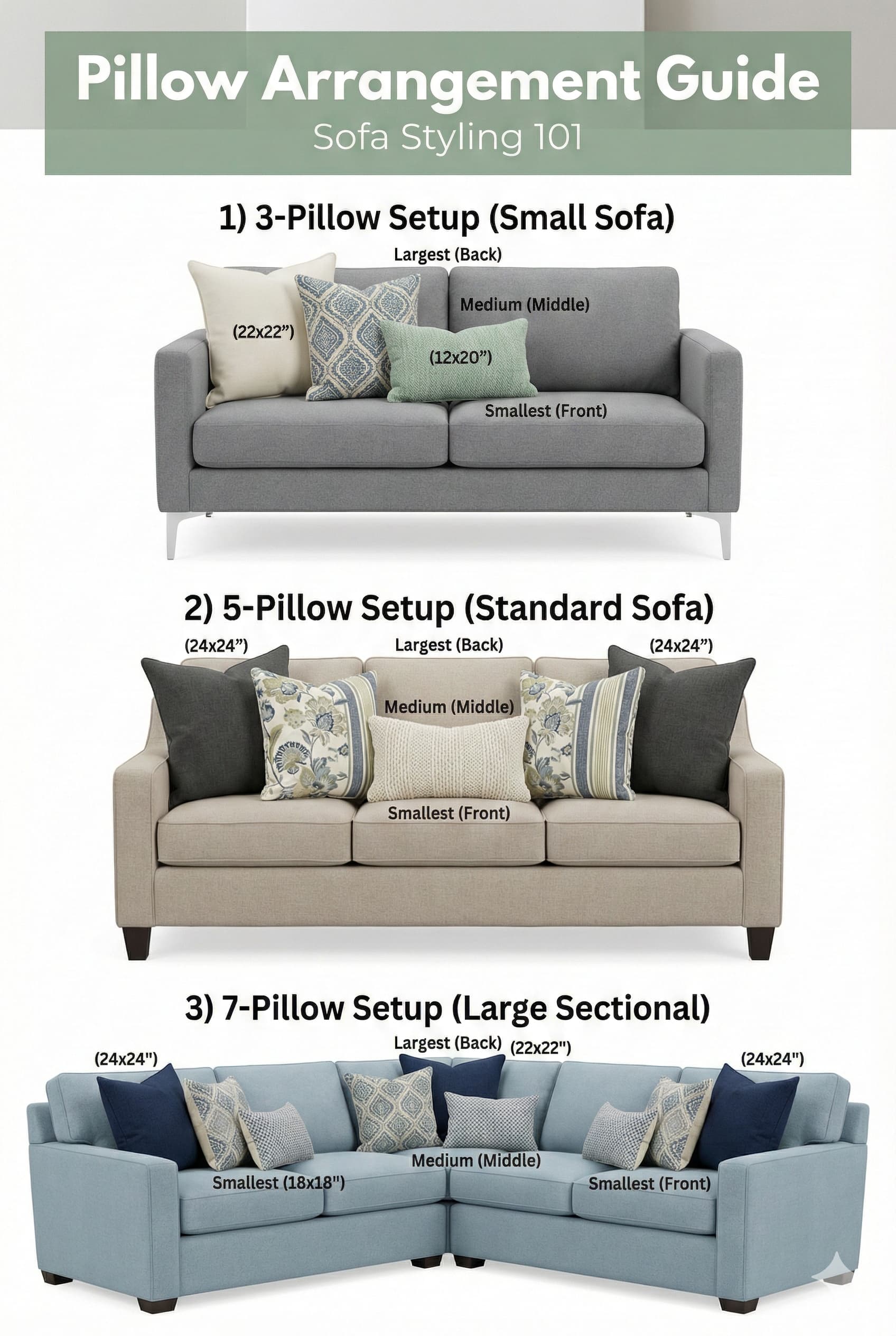 Throw pillow arrangement formula showing five to seven pillows on sofa with size guide and color coordination