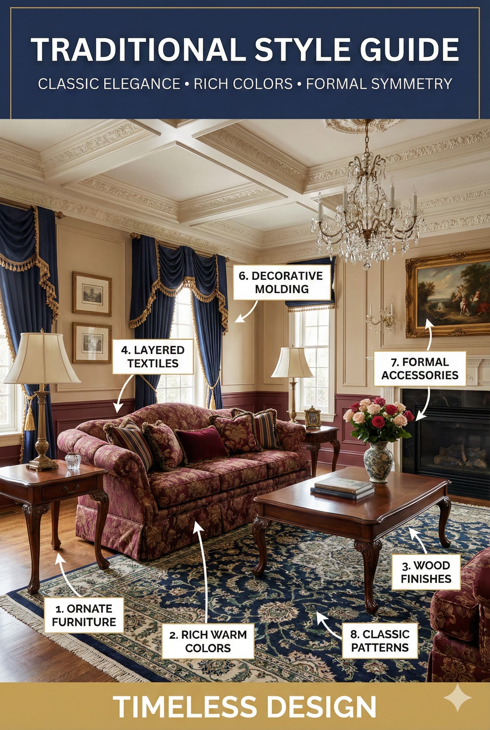 Traditional living room style guide featuring ornate furniture rich colors and formal symmetry with labeled classic elements