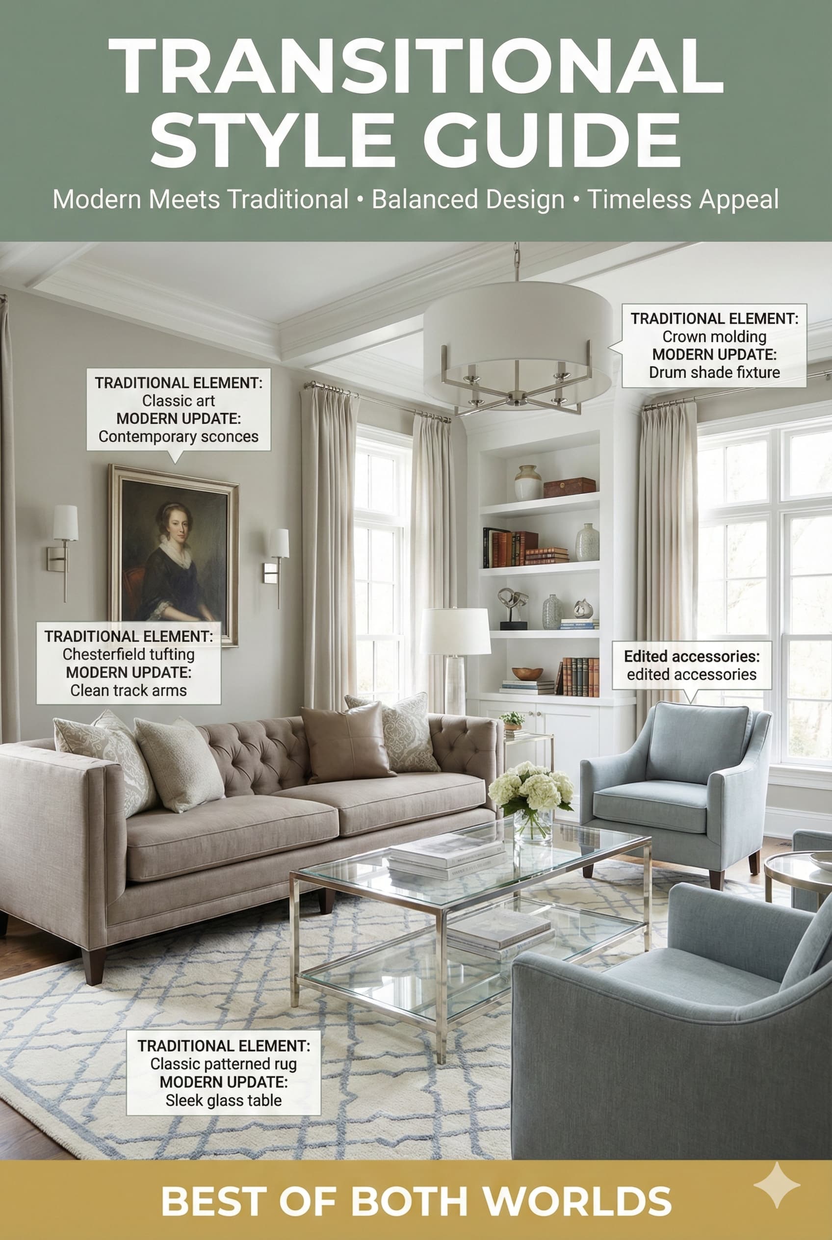 Transitional living room style guide showing balance between modern and traditional elements with neutral colors and mixed textures