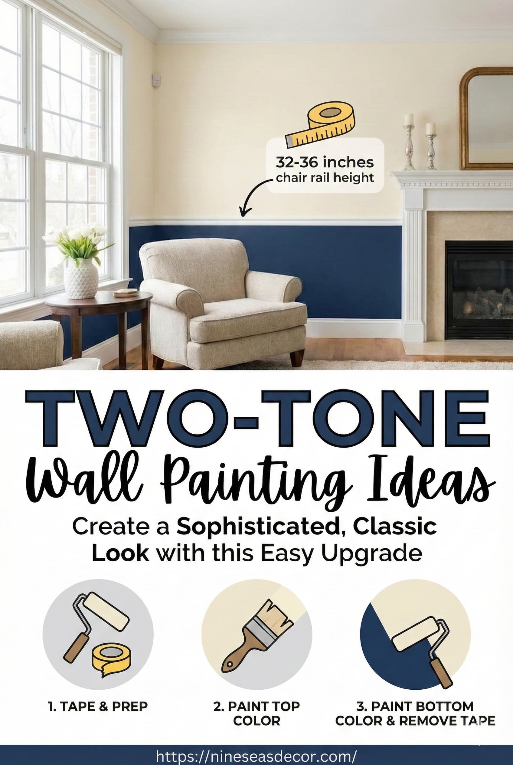 Two-tone living room wall painting with navy bottom and cream top