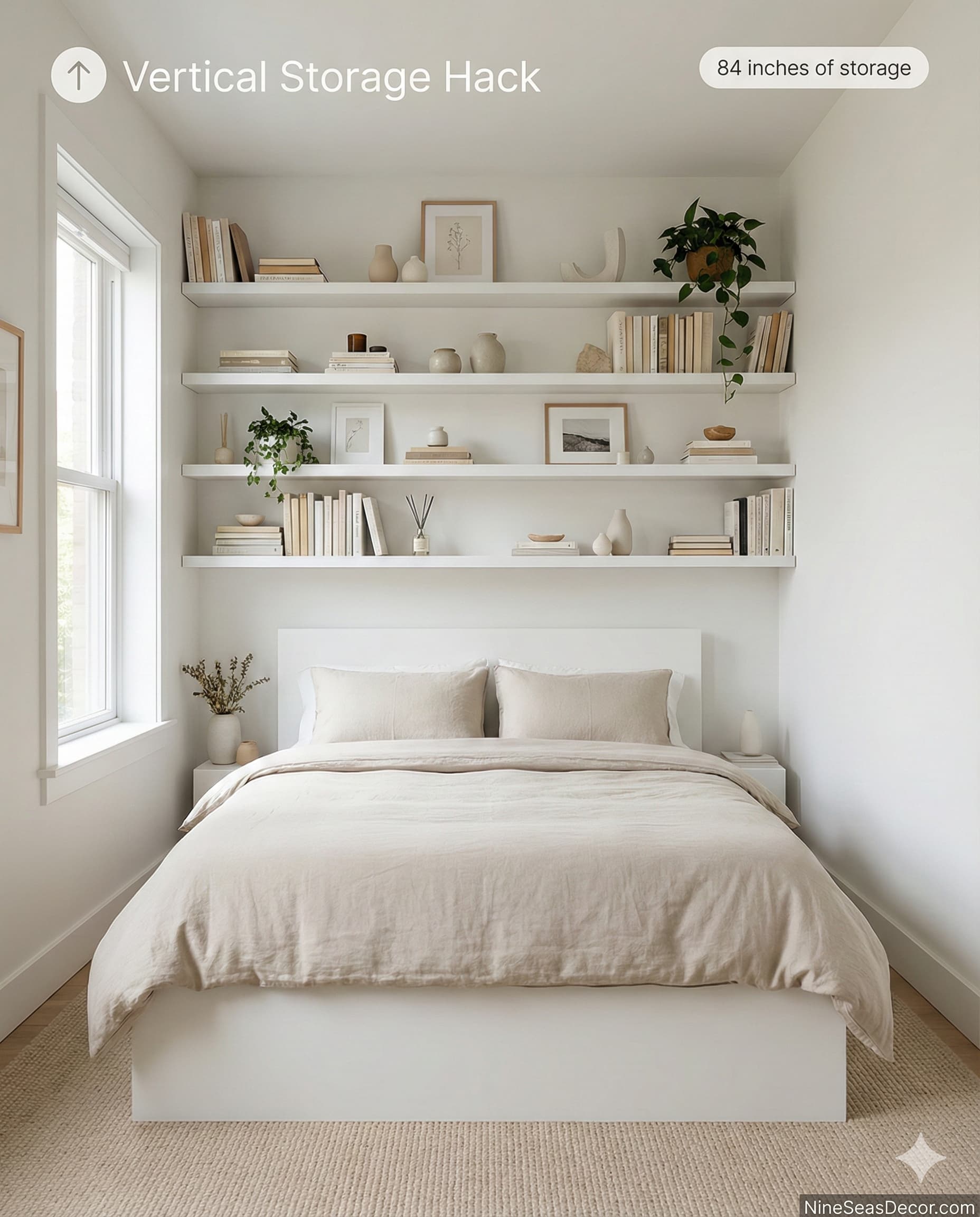 Small bedroom featuring white floating wall shelves extending 84 inches high from floor mounted above queen bed, displaying books decorative objects minimalist accessories, utilizing vertical space from 36 inches above mattress to 96 inches total height, space-saving storage solution with zero floor footprint, six shelf tiers each measuring 36 inches wide 10 inches deep, providing 15 cubic feet total display and storage capacity