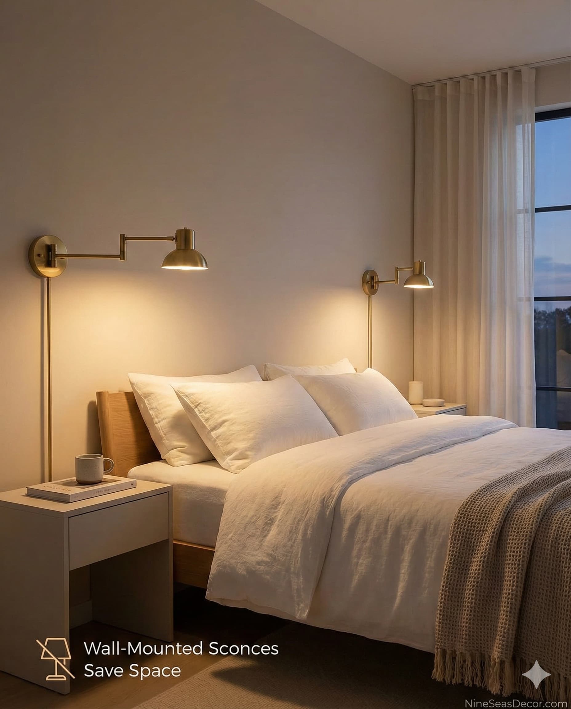 Bedroom featuring wall-mounted swing-arm reading sconces installed 65 inches from floor flanking bed, positioned 18 inches from headboard center, brass finish adjustable arms extending 14-24 inches from wall, 400-lumen LED bulbs warm 2700 Kelvin color temperature, space-saving lighting solution eliminating nightstand lamp requirements, each fixture measuring 8x12 inches providing task illumination for reading, modern bedroom lighting design