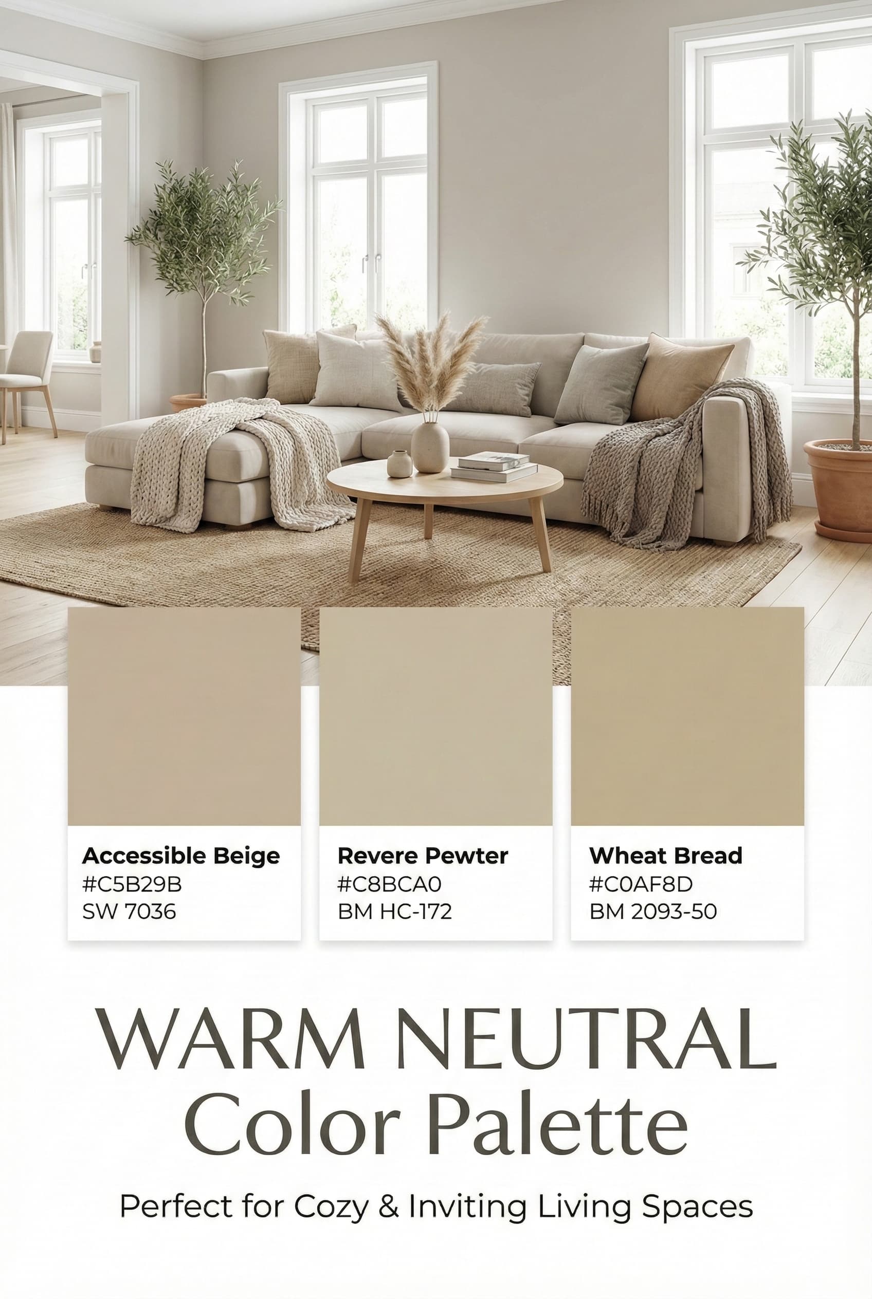 Warm neutral color palette for living room with greige and beige tones