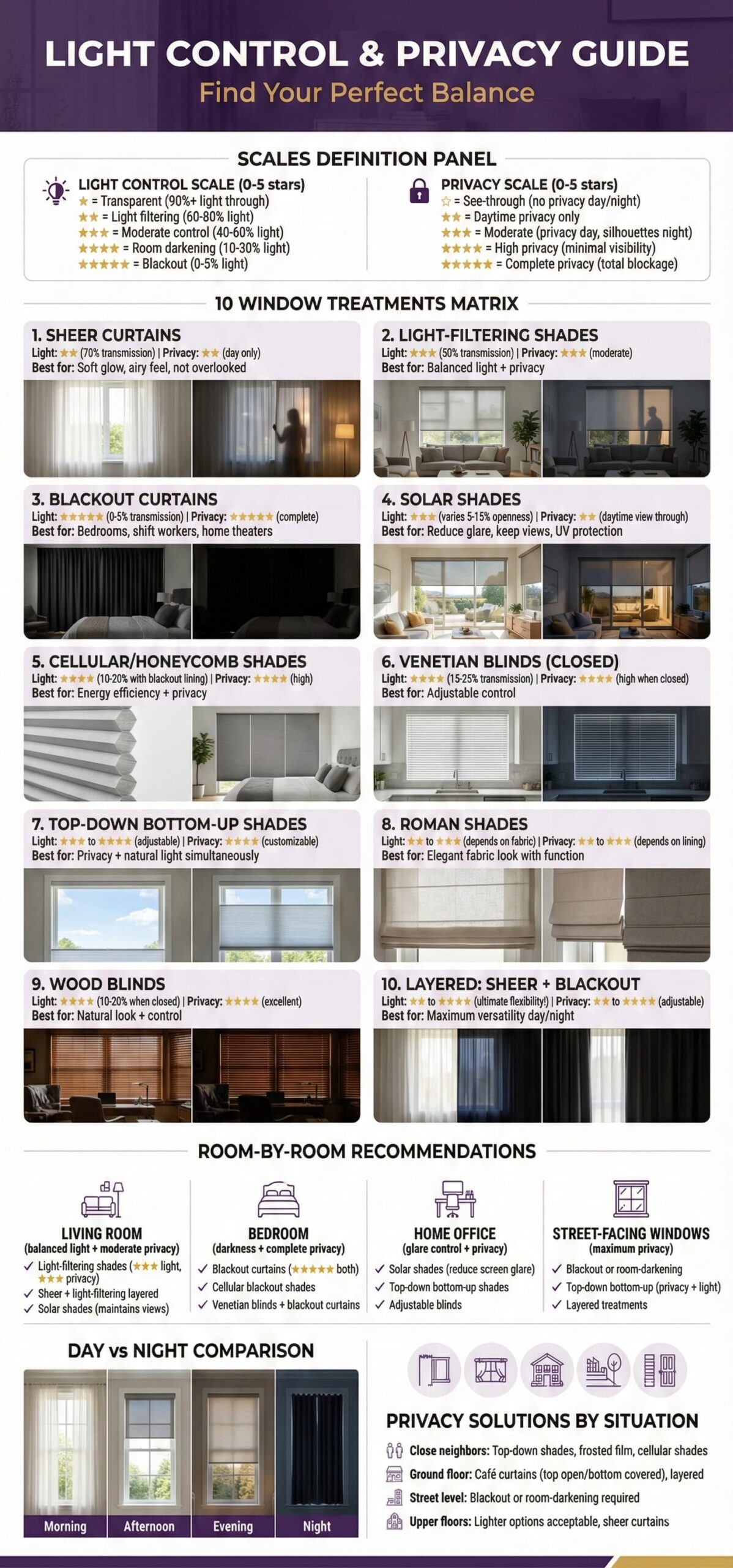 Window treatment light control and privacy ratings showing ten options from sheer to blackout with star ratings and day night comparisons