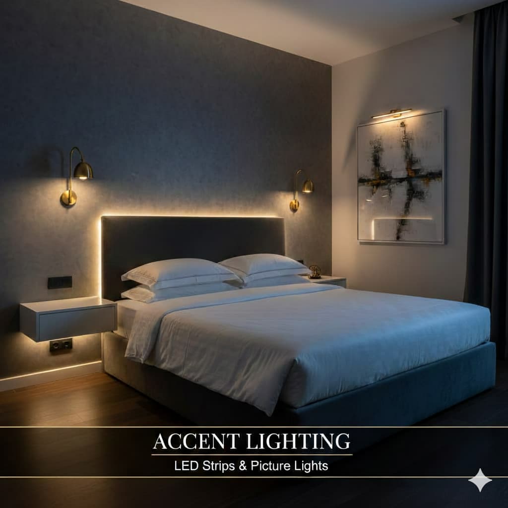 Bedroom accent lighting with LED strips under shelves and picture lights creating ambient glow