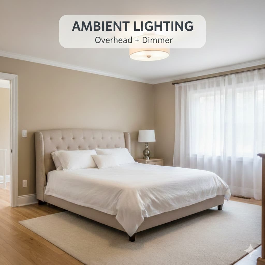 Bedroom with ceiling fixture providing ambient lighting and dimmer switch for adjustable brightness