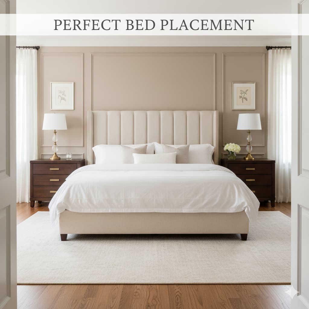 Bedroom bed positioned as focal point centered on longest wall with upholstered headboard