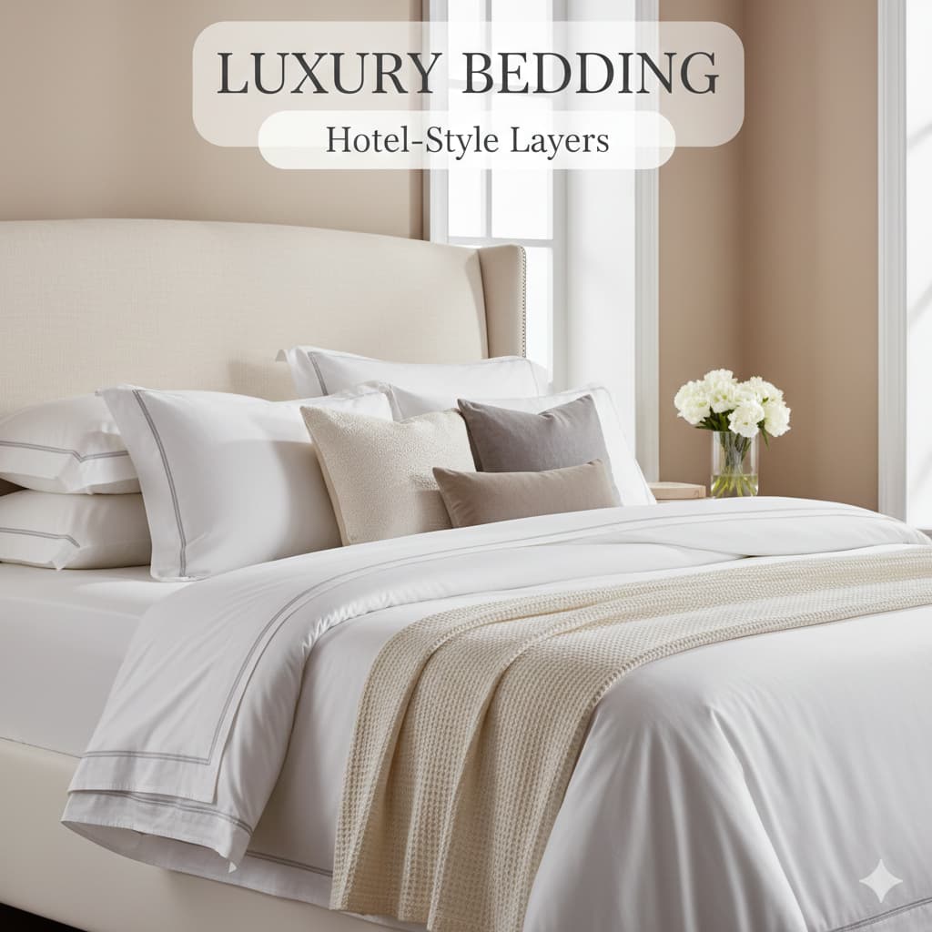 Luxuriously made bed with layered bedding, duvet cover, throw blanket, decorative pillows in hotel style