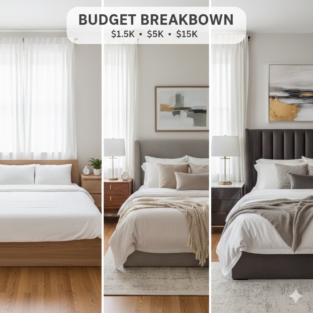 Split-screen comparison of three bedroom budgets showing $1,500, $5,000, and $15,000 budget levels side by side