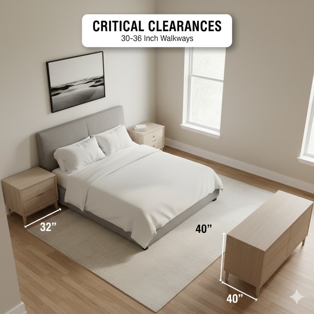 Bedroom furniture clearance requirements showing 30-36 inch walkways around bed and dresser