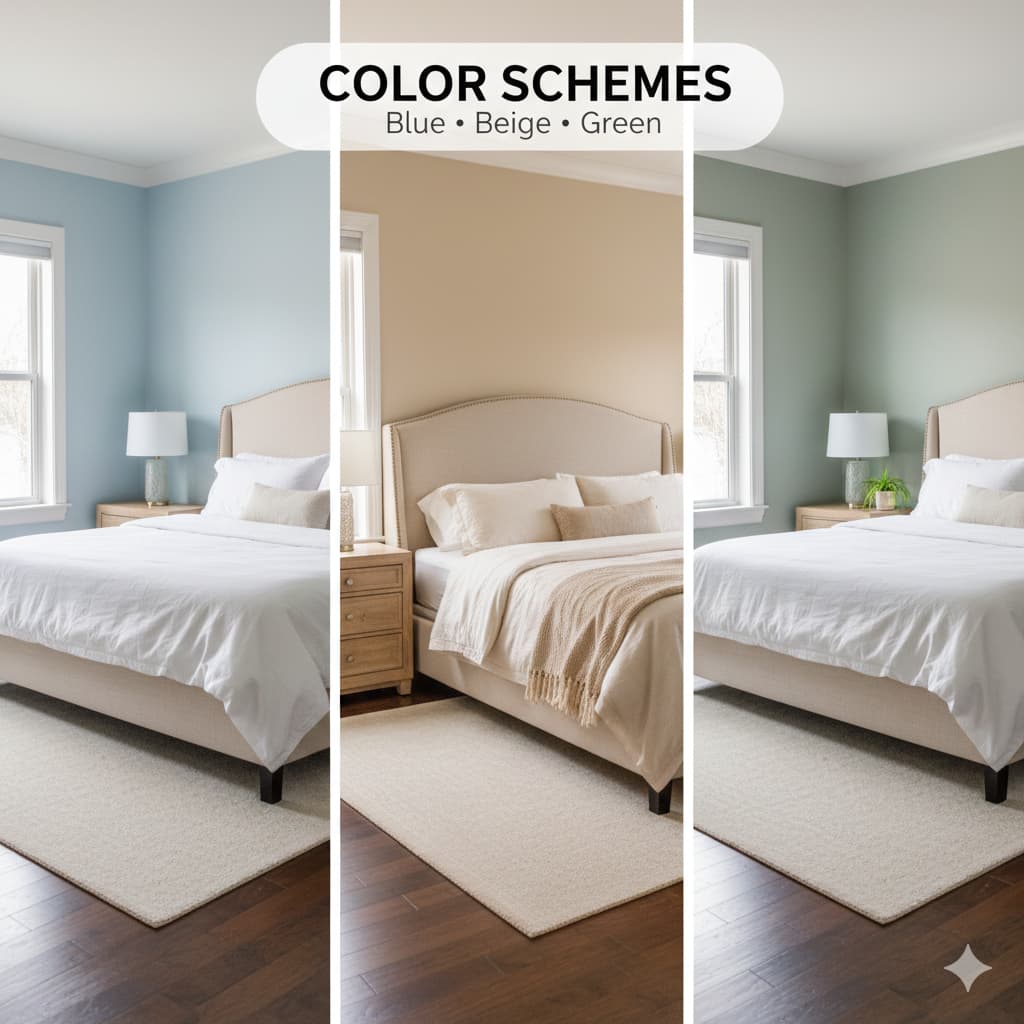Split-view bedroom showing three color scheme options: soft blue warm beige sage green