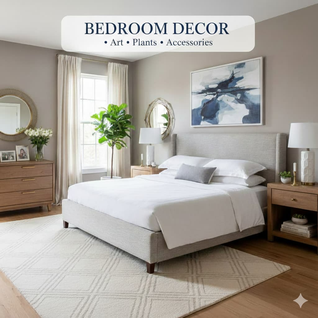 Beautifully styled bedroom with abstract artwork, decorative mirror, plants, and curated accessories