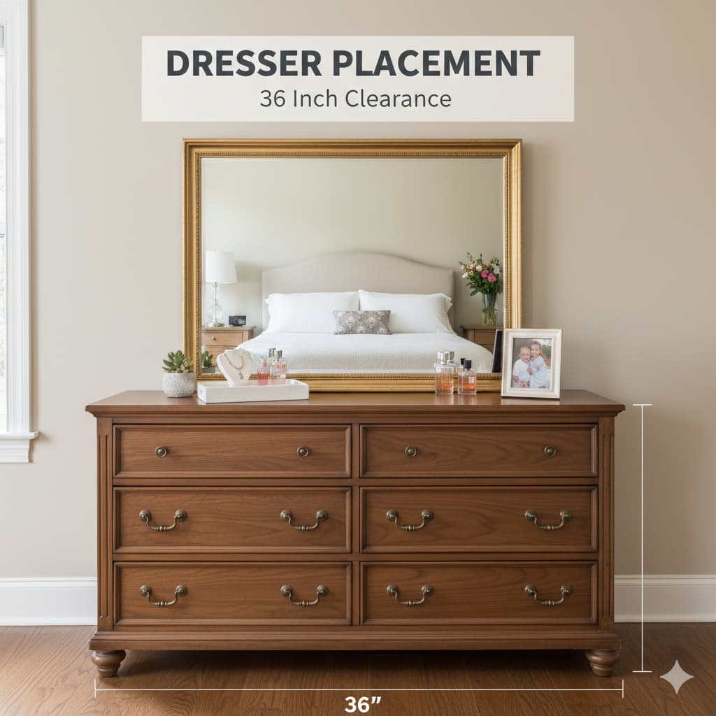 6-drawer dresser positioned opposite foot of bed with mirror and 36 inches of clearance space