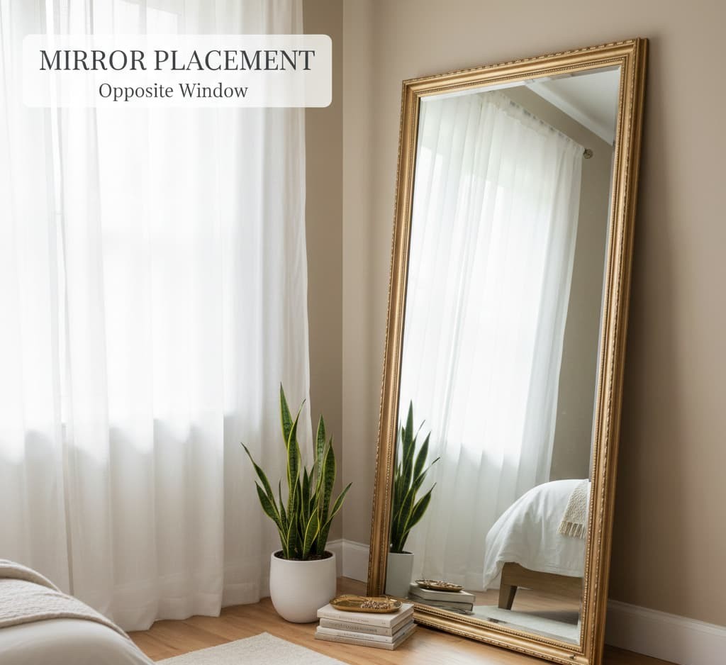Full-length leaning mirror in bedroom positioned opposite window reflecting natural light