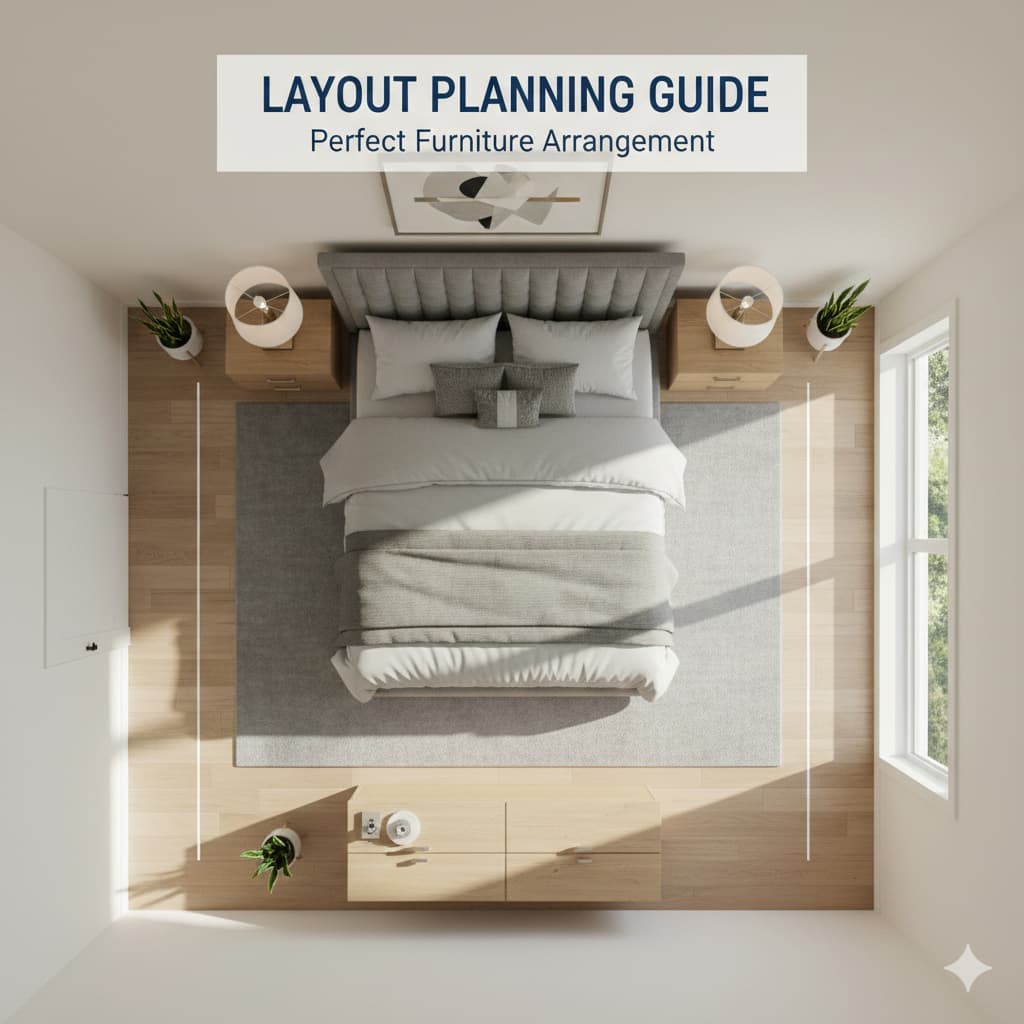 Bedroom furniture layout planning with bed centered on wall, nightstands, dresser placement