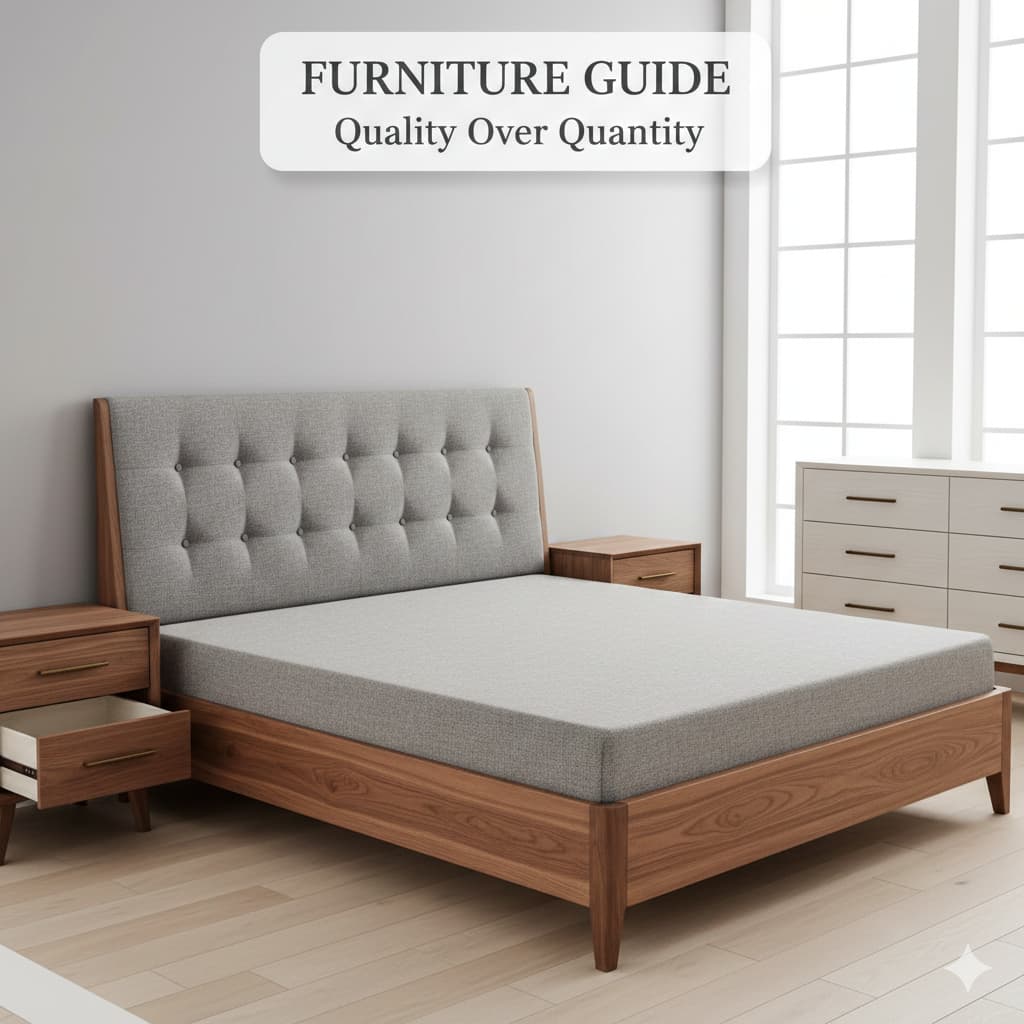 Bedroom furniture selection showing upholstered bed, solid wood nightstands, quality dresser