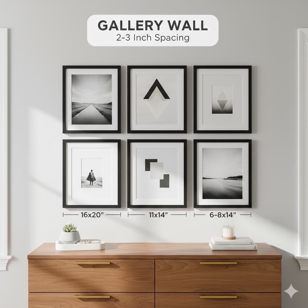 TAG: Bedroom gallery wall above dresser with framed art prints in cohesive black frames with proper spacing