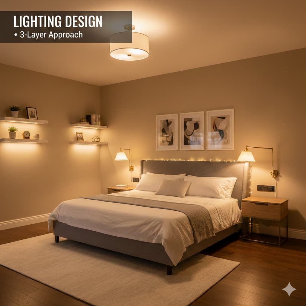 Bedroom at dusk with layered lighting including dimmed overhead, bedside lamps, LED accent lighting