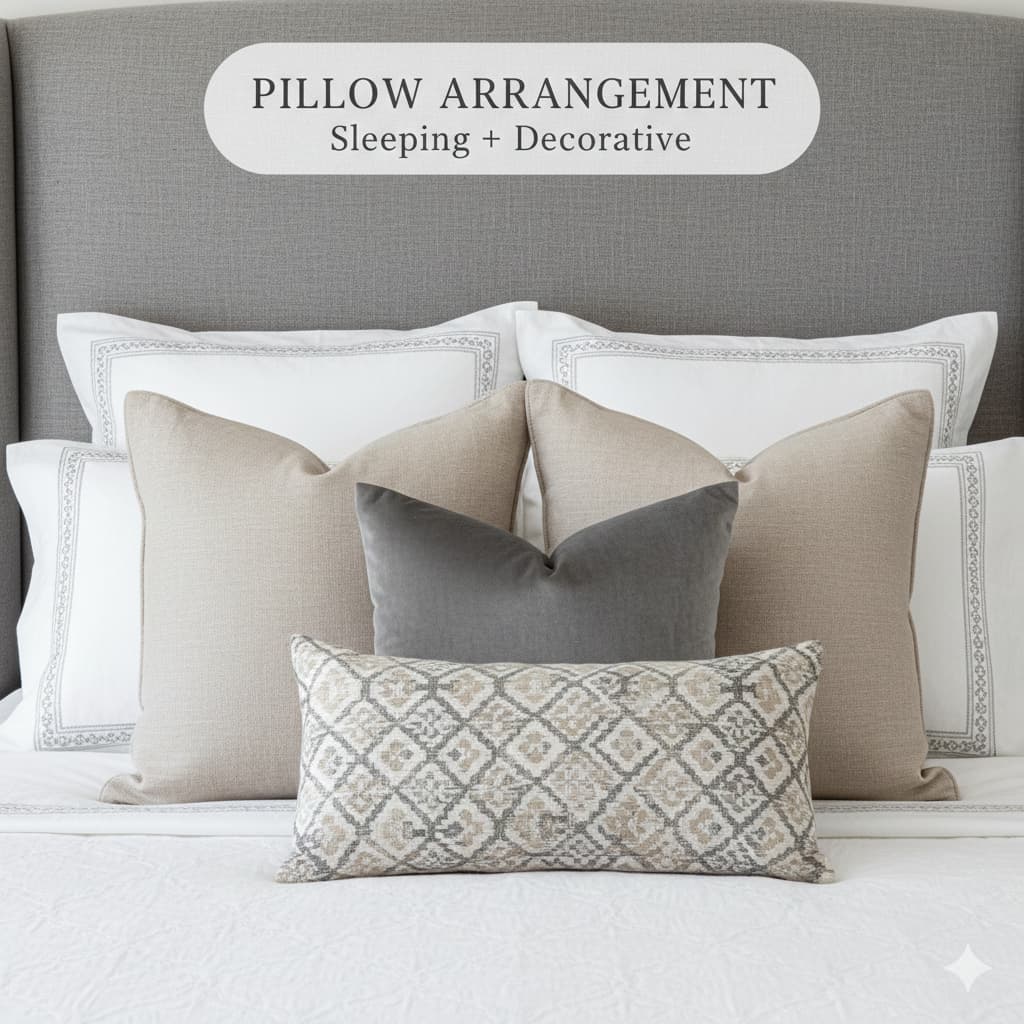 Bed showing proper pillow arrangement with sleeping pillows, euro shams, standard shams, throw pillows