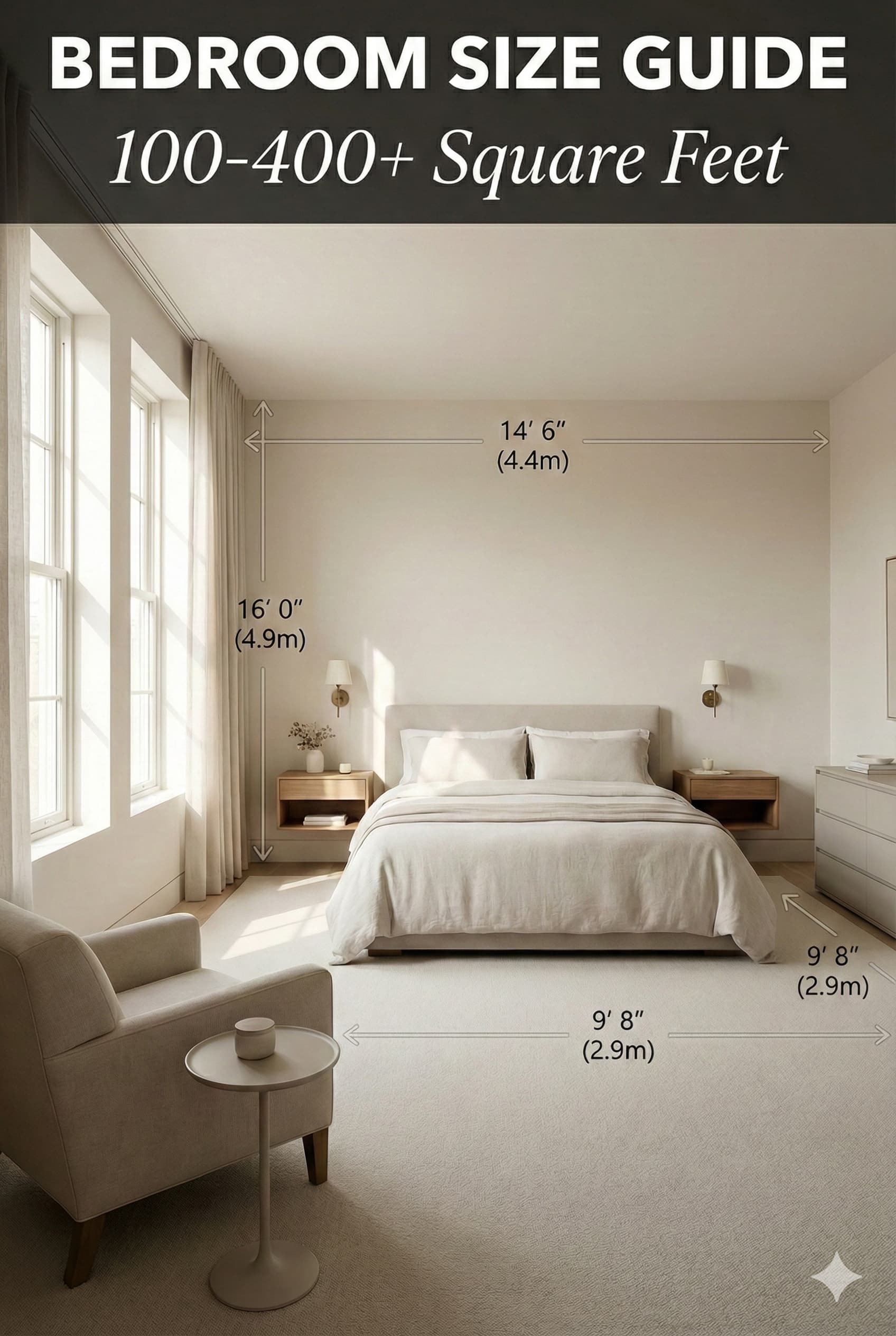 Modern bedroom interior showing proper room dimensions and furniture placement with generous spacing