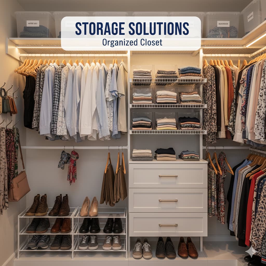 Organized bedroom closet with double hanging rods, shelf dividers, drawer units for maximum storage