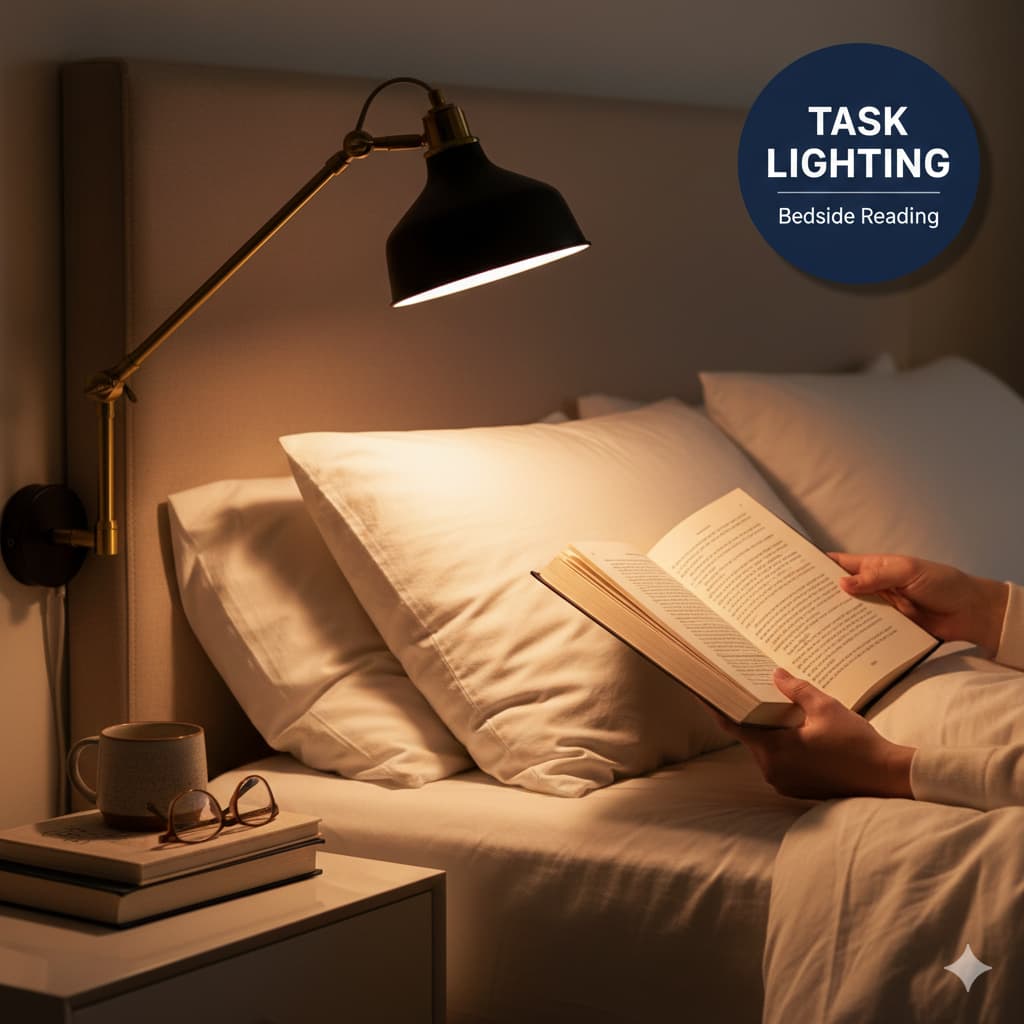 Bedside task lighting with adjustable wall-mounted reading lamp providing warm light for comfortable reading