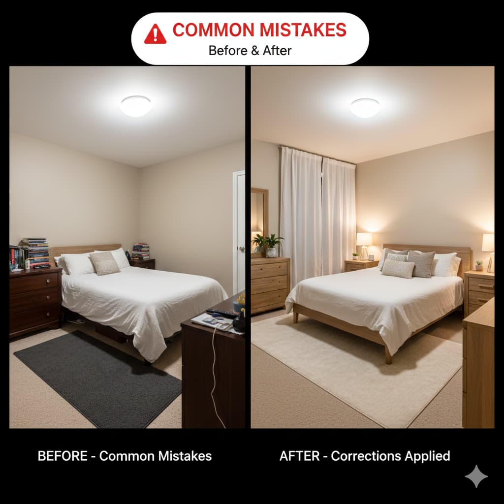 Before and after bedroom comparison showing common design mistakes corrected including bed placement, rug size, furniture scale, lighting