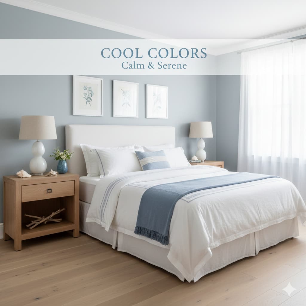Serene bedroom with soft blue walls white bedding light wood furniture creating coastal vibe
