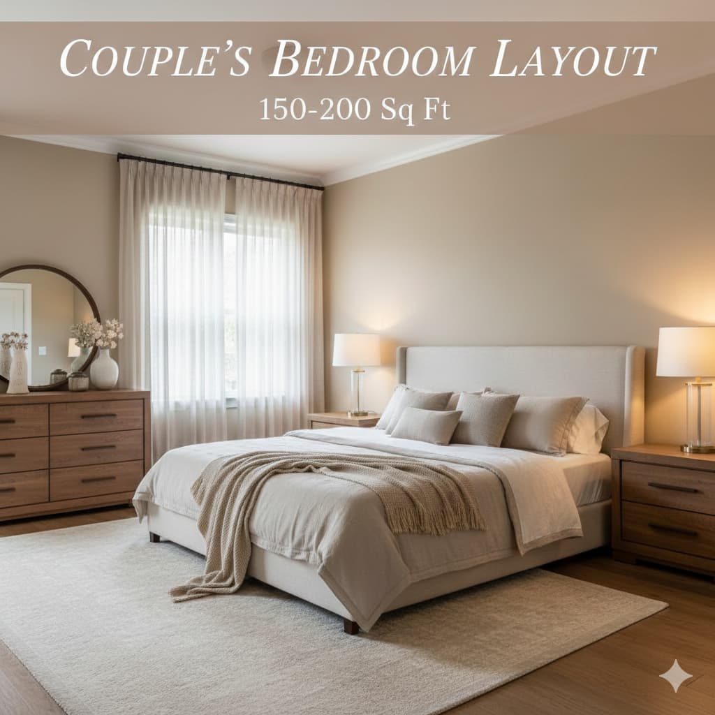 12x15 couple's bedroom with queen bed, matching nightstands, and dresser showing proper furniture arrangement
