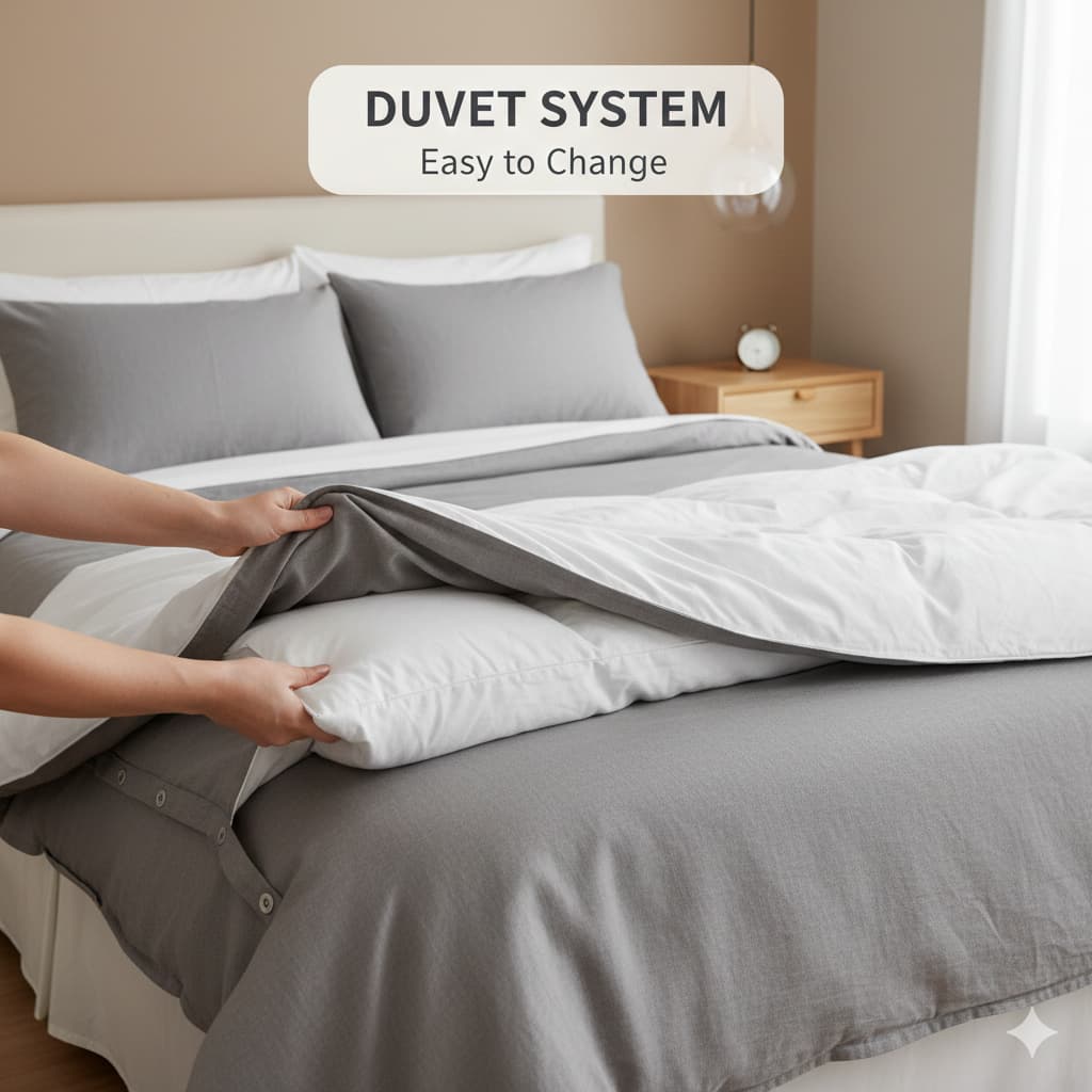 Duvet cover system showing high-quality down alternative insert being placed into designer cover