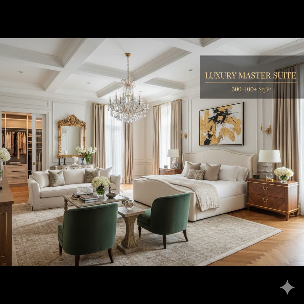 Luxury master bedroom suite 300-400+ square feet with California king bed, sitting area, dressing zone