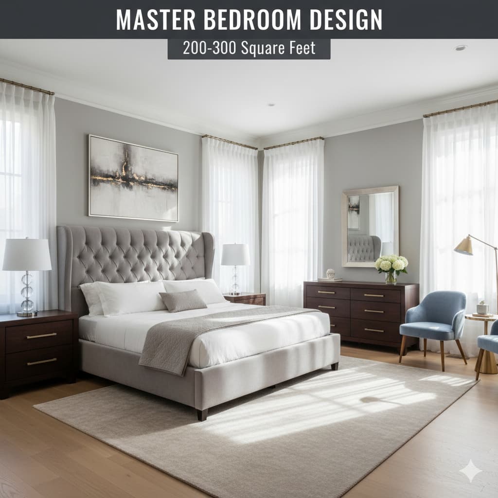 Elegant 14x16 master bedroom with king bed, seating area, and luxury hotel-style design