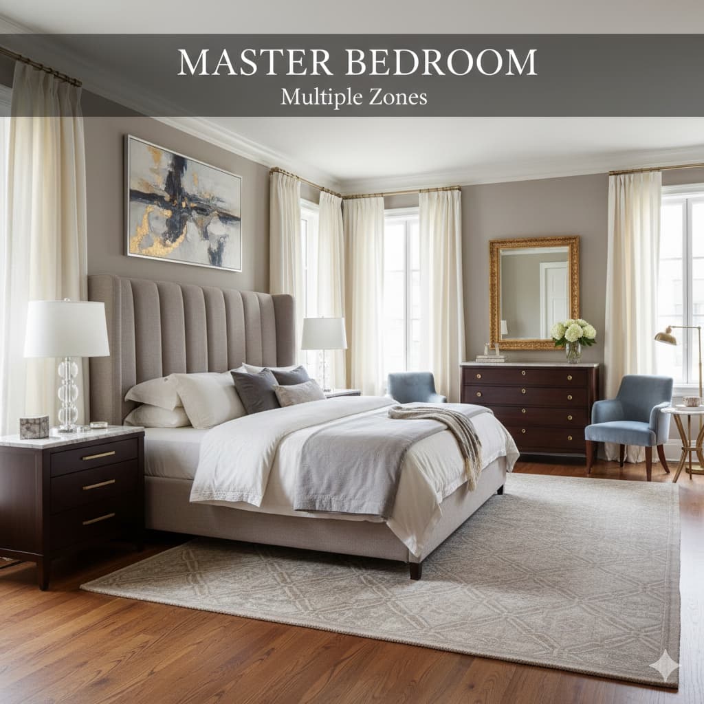 Luxurious master bedroom with king bed, seating area, multiple functional zones in hotel style