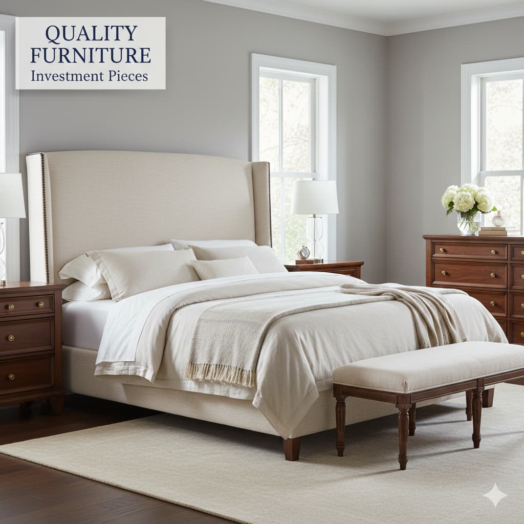 High-end master bedroom furniture including upholstered bed solid wood nightstands quality dresser