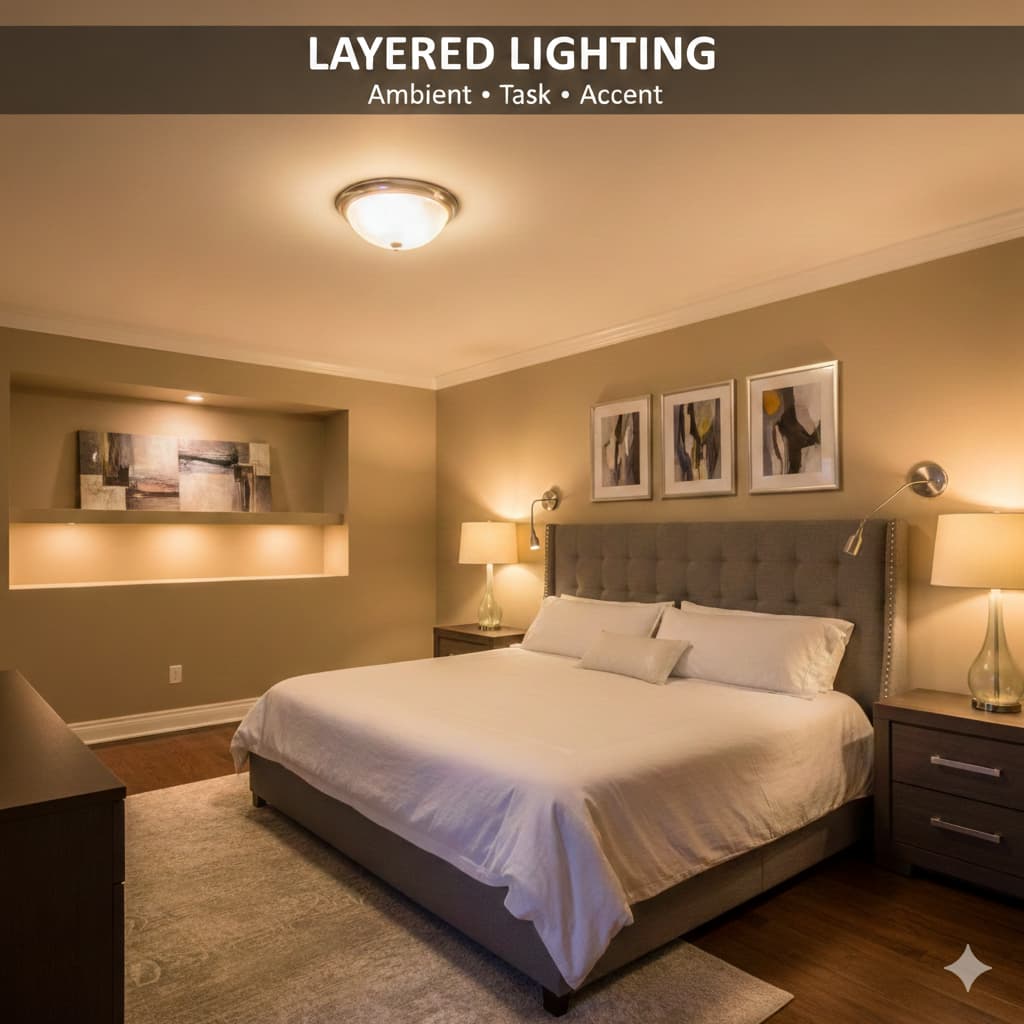 Master bedroom with layered lighting including bedside lamps dimmed overhead light accent lighting