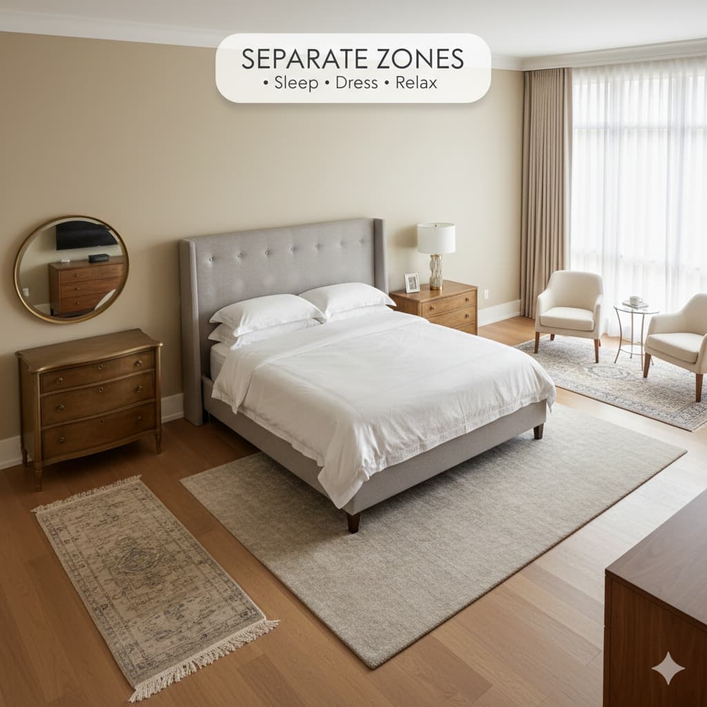 Master bedroom showing separate functional zones for sleeping, dressing, seating with area rugs