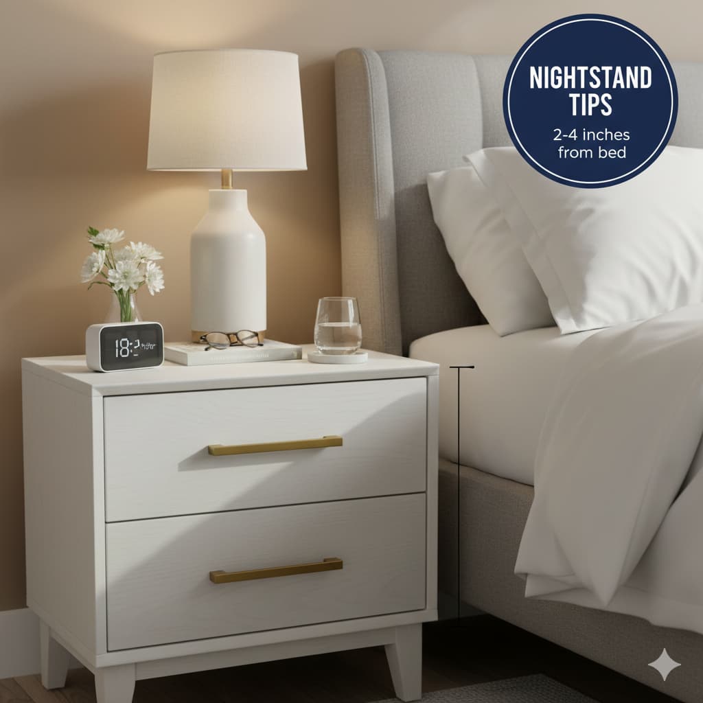 Properly positioned nightstand at mattress height with 2-4 inch gap from bed, styled with lamp and essentials