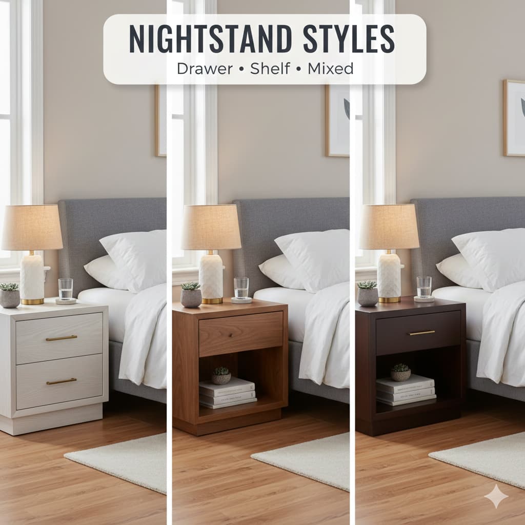 Comparison of nightstand styles showing 2-drawer, open shelf, and mixed storage options