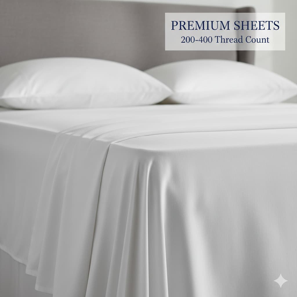 Close-up of premium cotton percale bed sheets showing quality textile texture and luxurious drape